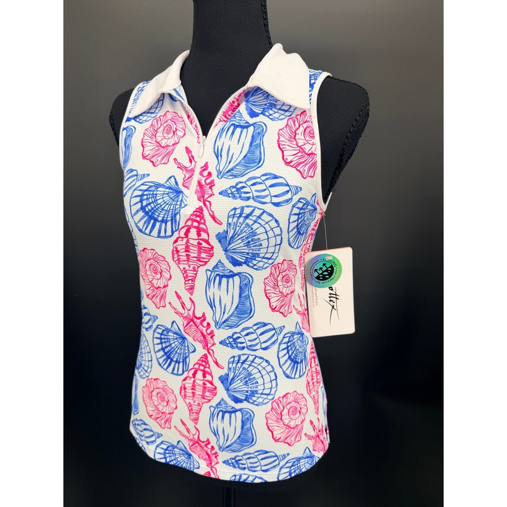 X by Gottex Sleeveless Polo Women XS White Pink Blue NWT Seashell Zip Golf Top